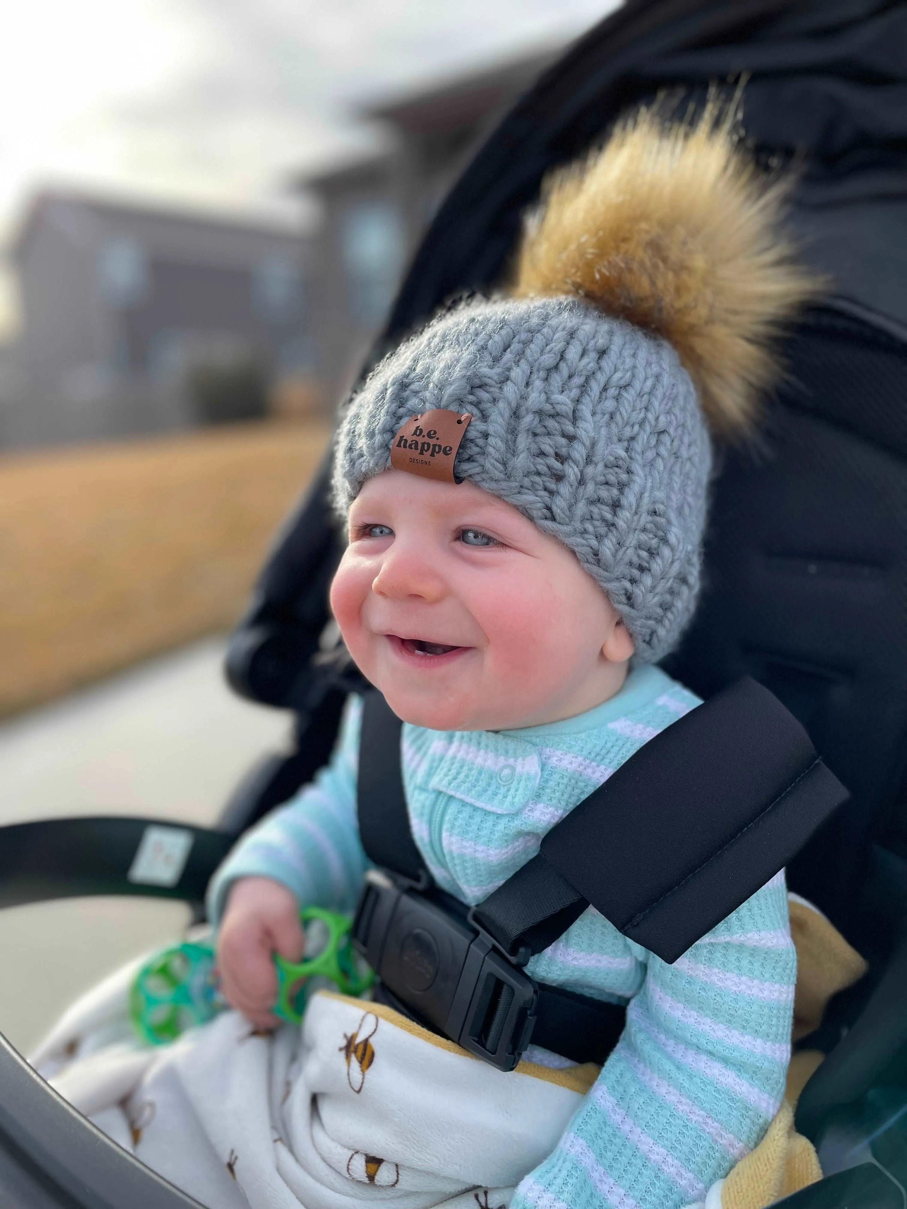 0-3 month Baby Solid Knit Pom Hat | Slate Gray