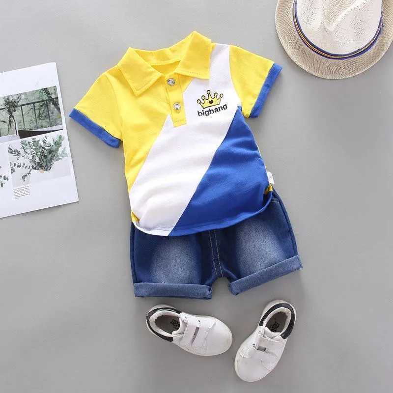 2-piece Color-block Polo Shirt & Short Jeans for Children Boy