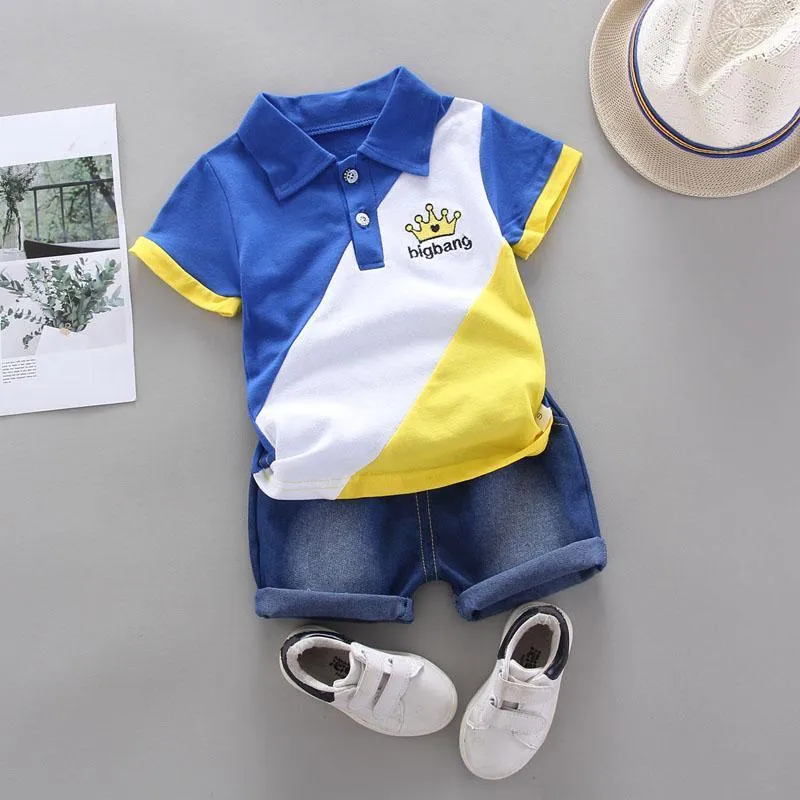 2-piece Color-block Polo Shirt & Short Jeans for Children Boy