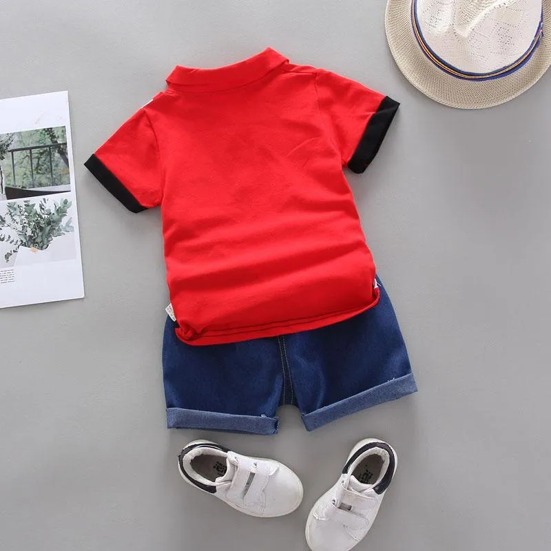 2-piece Color-block Polo Shirt & Short Jeans for Children Boy