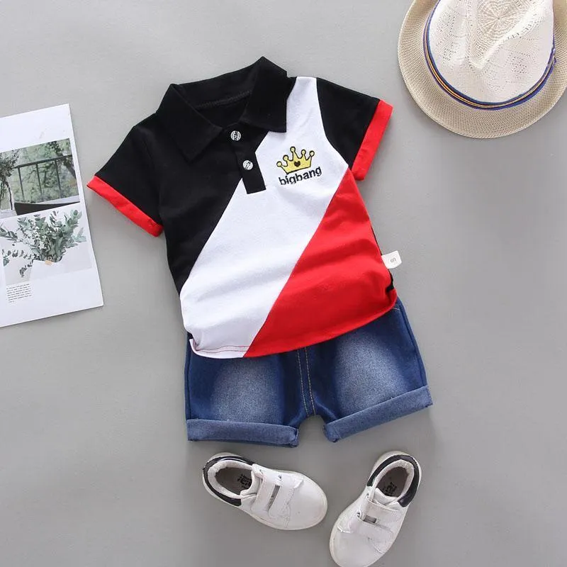 2-piece Color-block Polo Shirt & Short Jeans for Children Boy