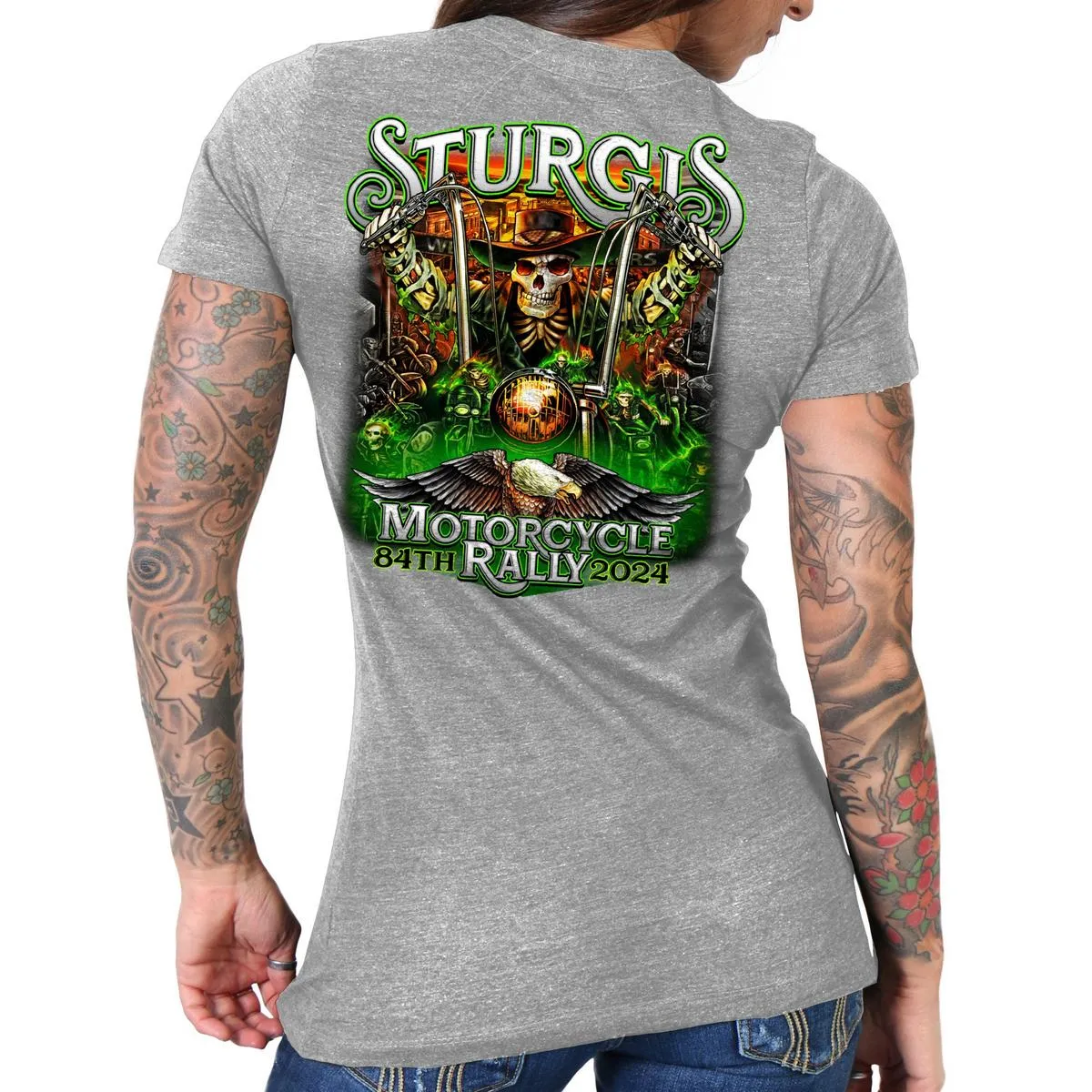 2024 Sturgis Women's #1 Design Eagle & Skull Heather Gray Motorcycle Rally T-Shirt SPL1887