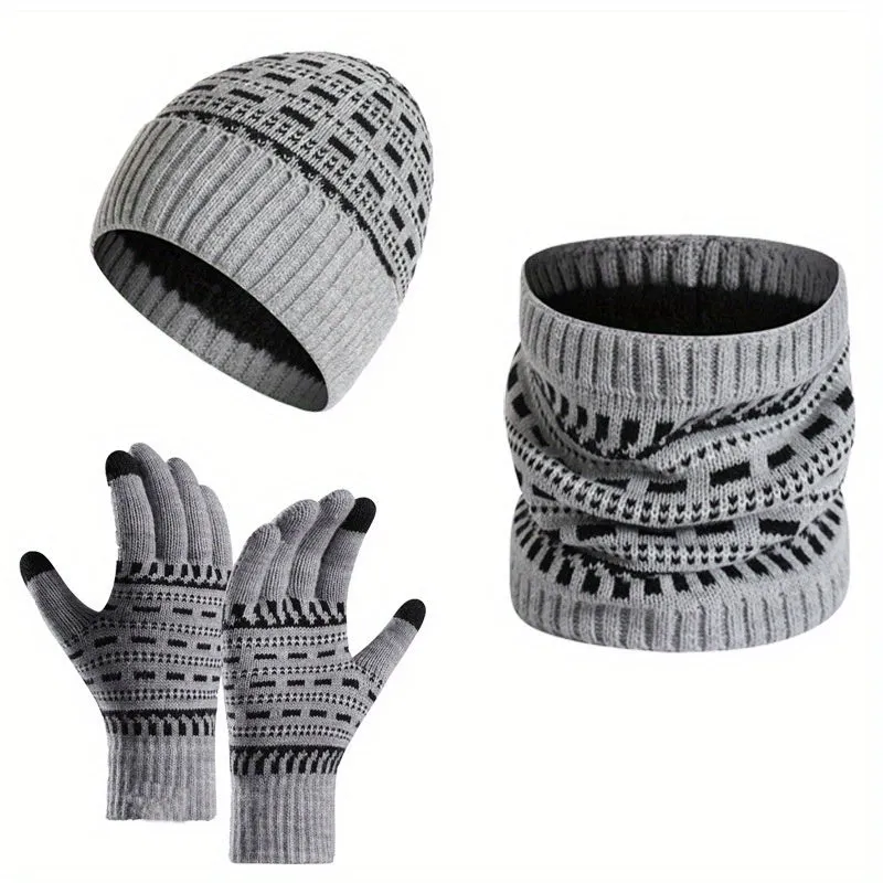 2pcs 1pair Men's Warm Hat Knitted Thickened Adult Hat & Scarf & Gloves Set For Autumn And Winter, Ideal choice for Gifts