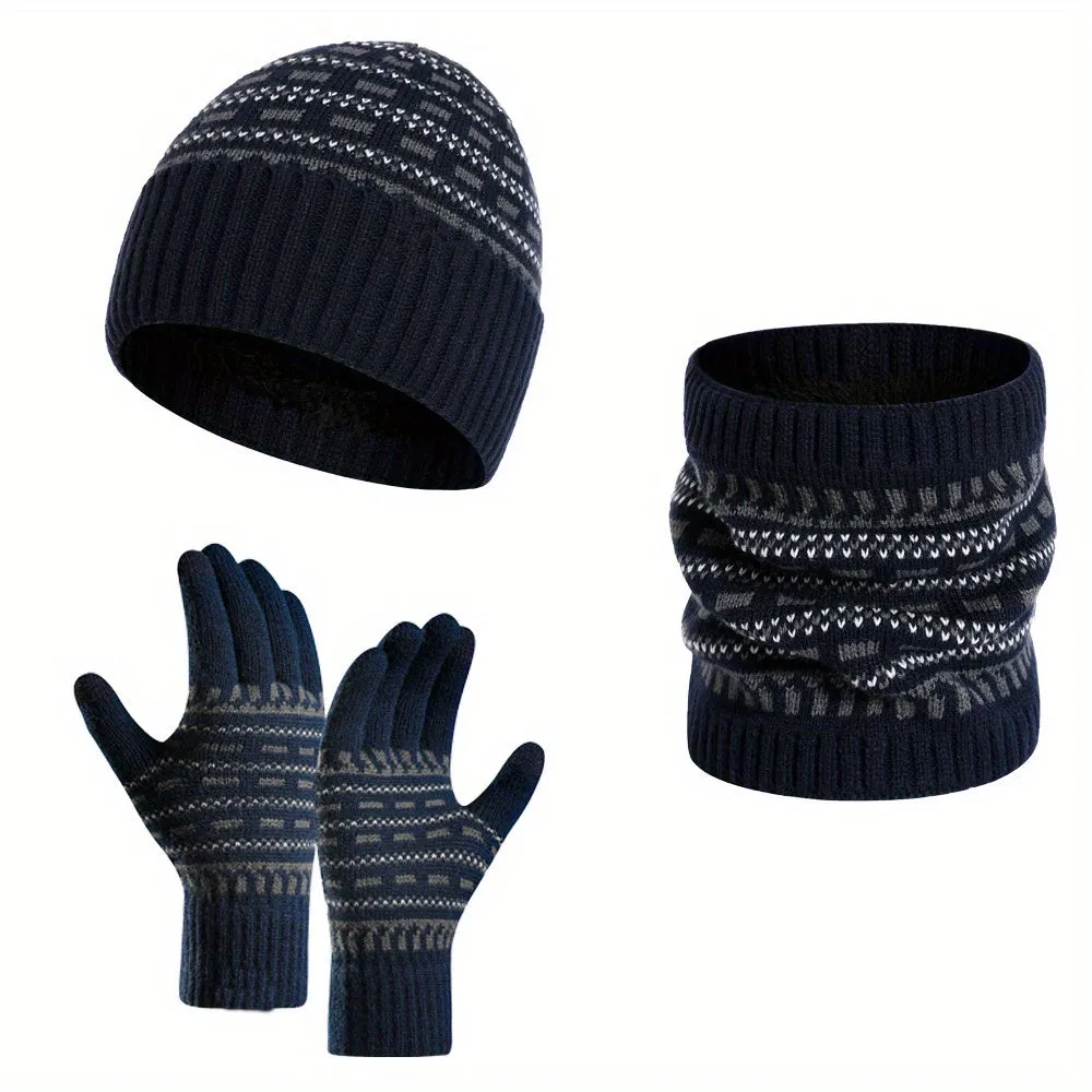 2pcs 1pair Men's Warm Hat Knitted Thickened Adult Hat & Scarf & Gloves Set For Autumn And Winter, Ideal choice for Gifts