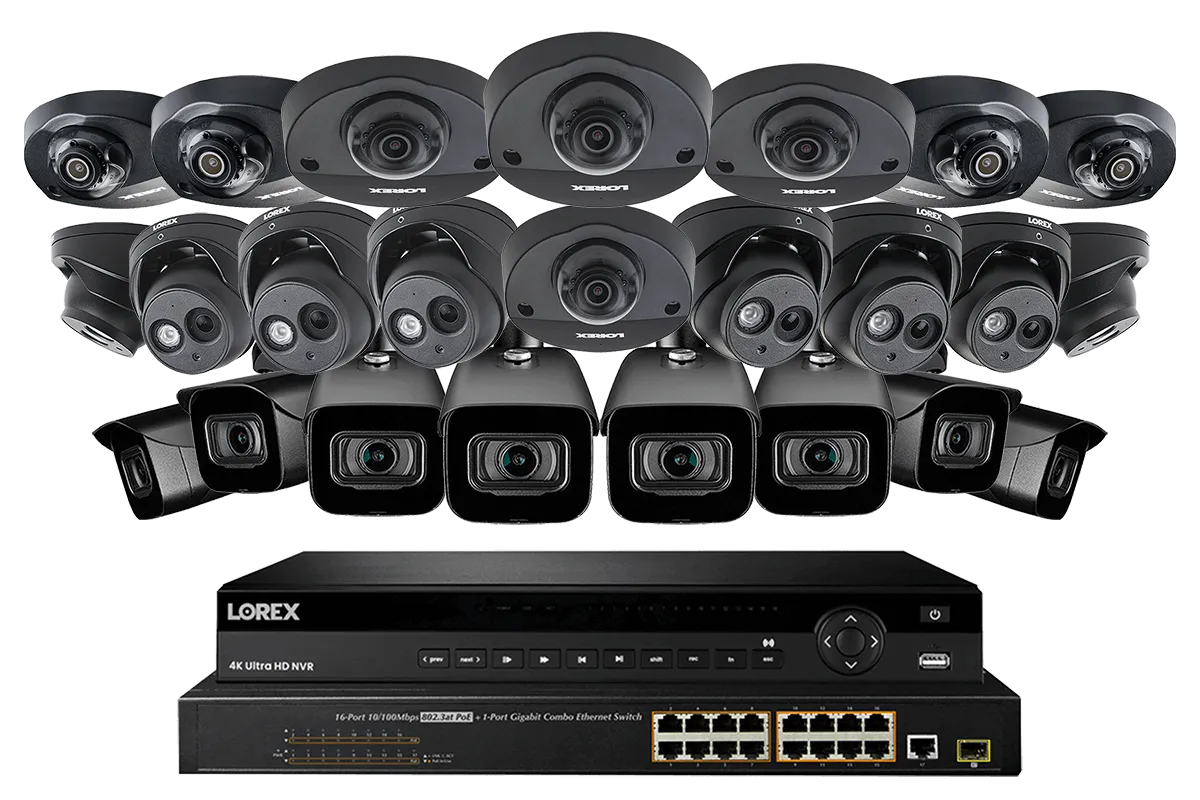 32 Channel 4K Nocturnal IP NVR System with Eight 4K Bullet Cameras and Sixteen Audio Dome Cameras