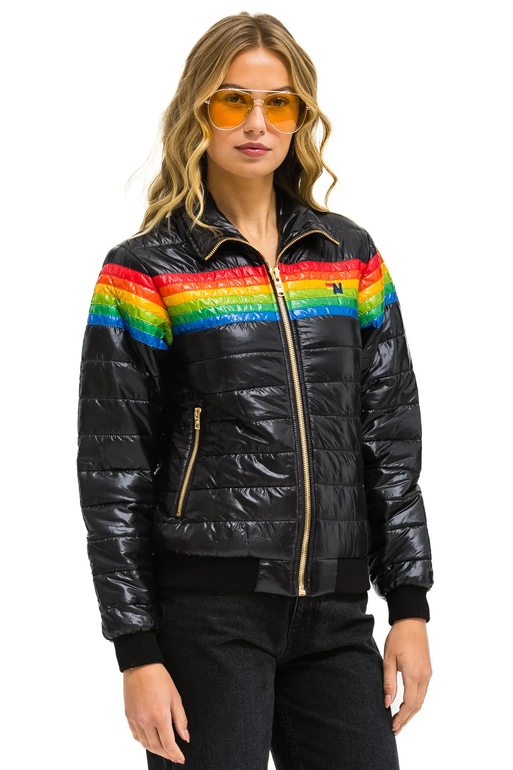 6 STRIPE RAINBOW SLEEVE JACKET -  GLOSSY BLACK