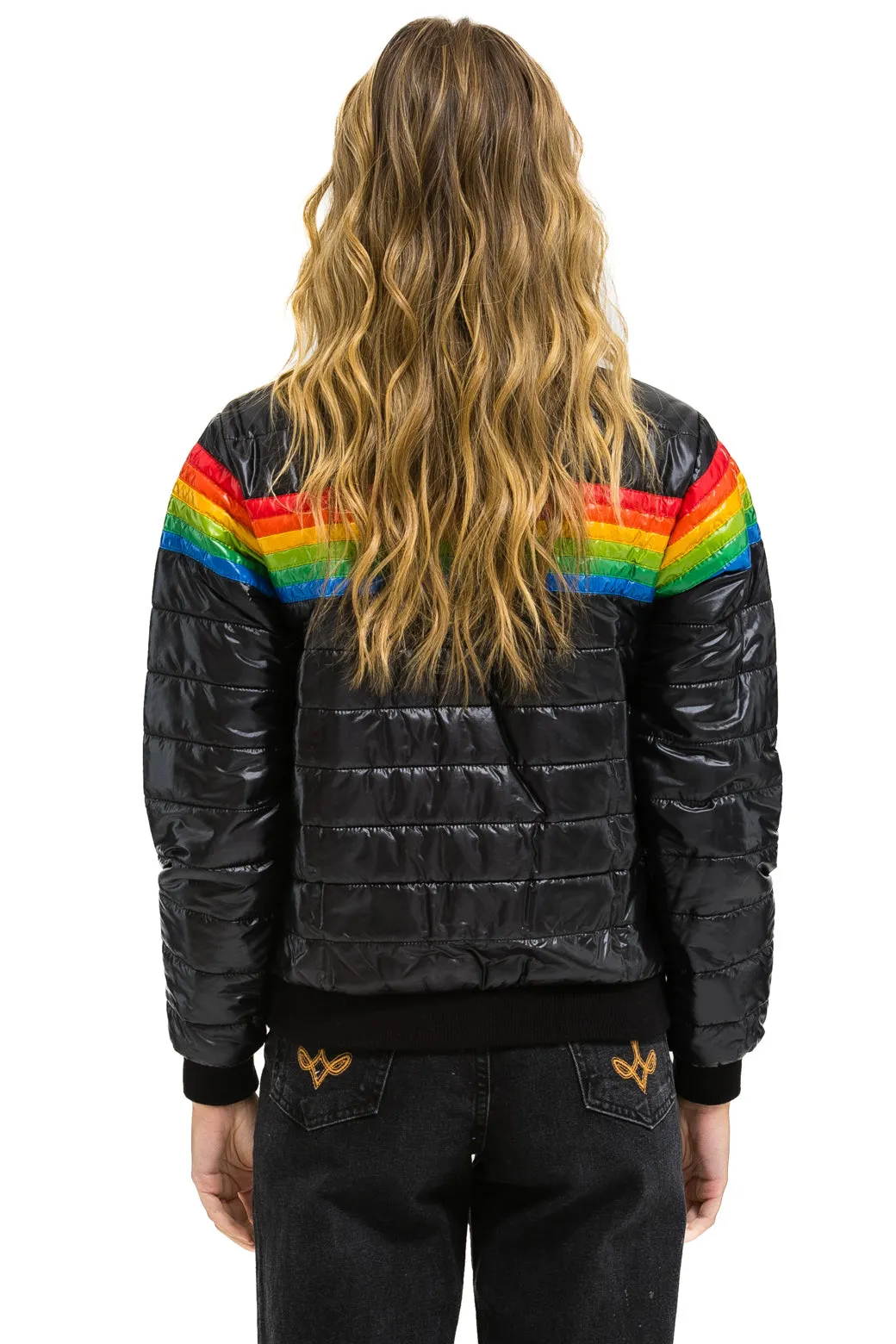 6 STRIPE RAINBOW SLEEVE JACKET -  GLOSSY BLACK