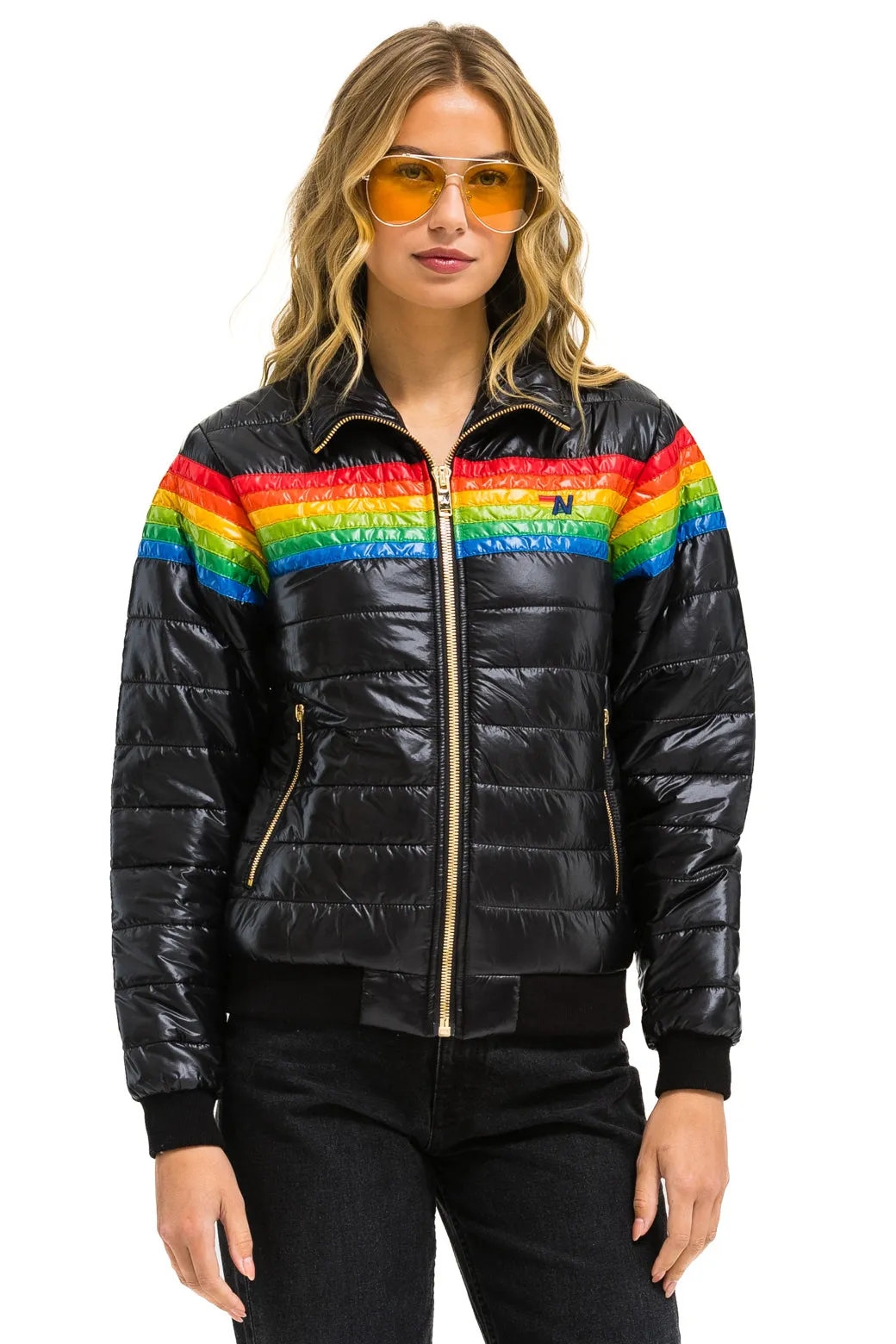 6 STRIPE RAINBOW SLEEVE JACKET -  GLOSSY BLACK