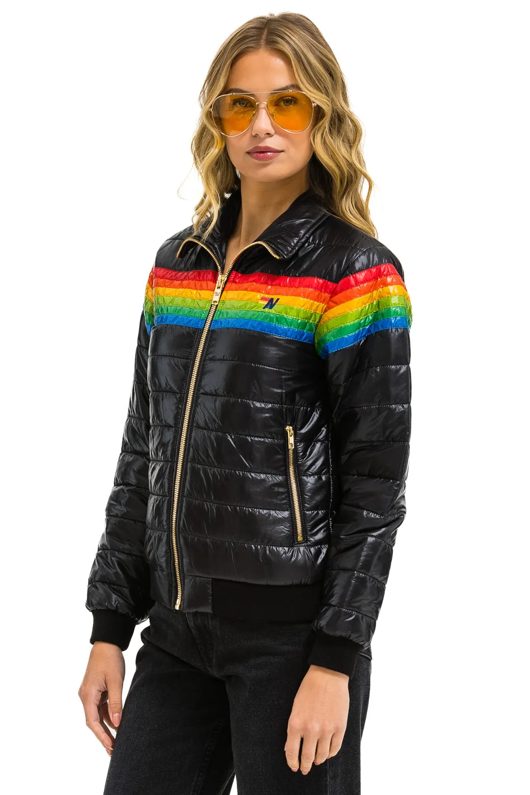 6 STRIPE RAINBOW SLEEVE JACKET -  GLOSSY BLACK