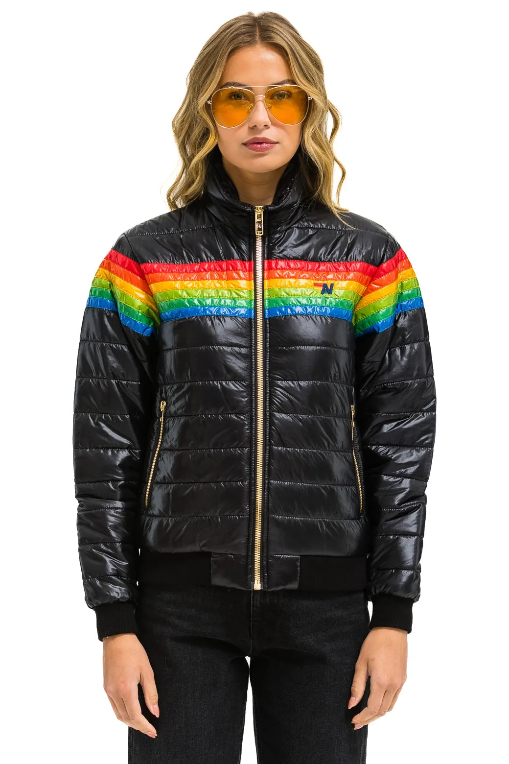 6 STRIPE RAINBOW SLEEVE JACKET -  GLOSSY BLACK