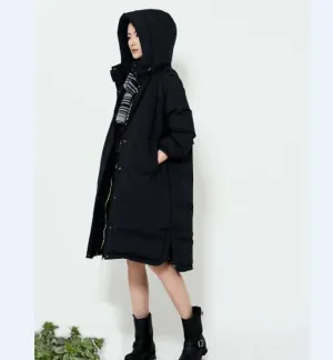 A -line Hooded Long Winter Duck Down Jacket Slit Down Jacket Women