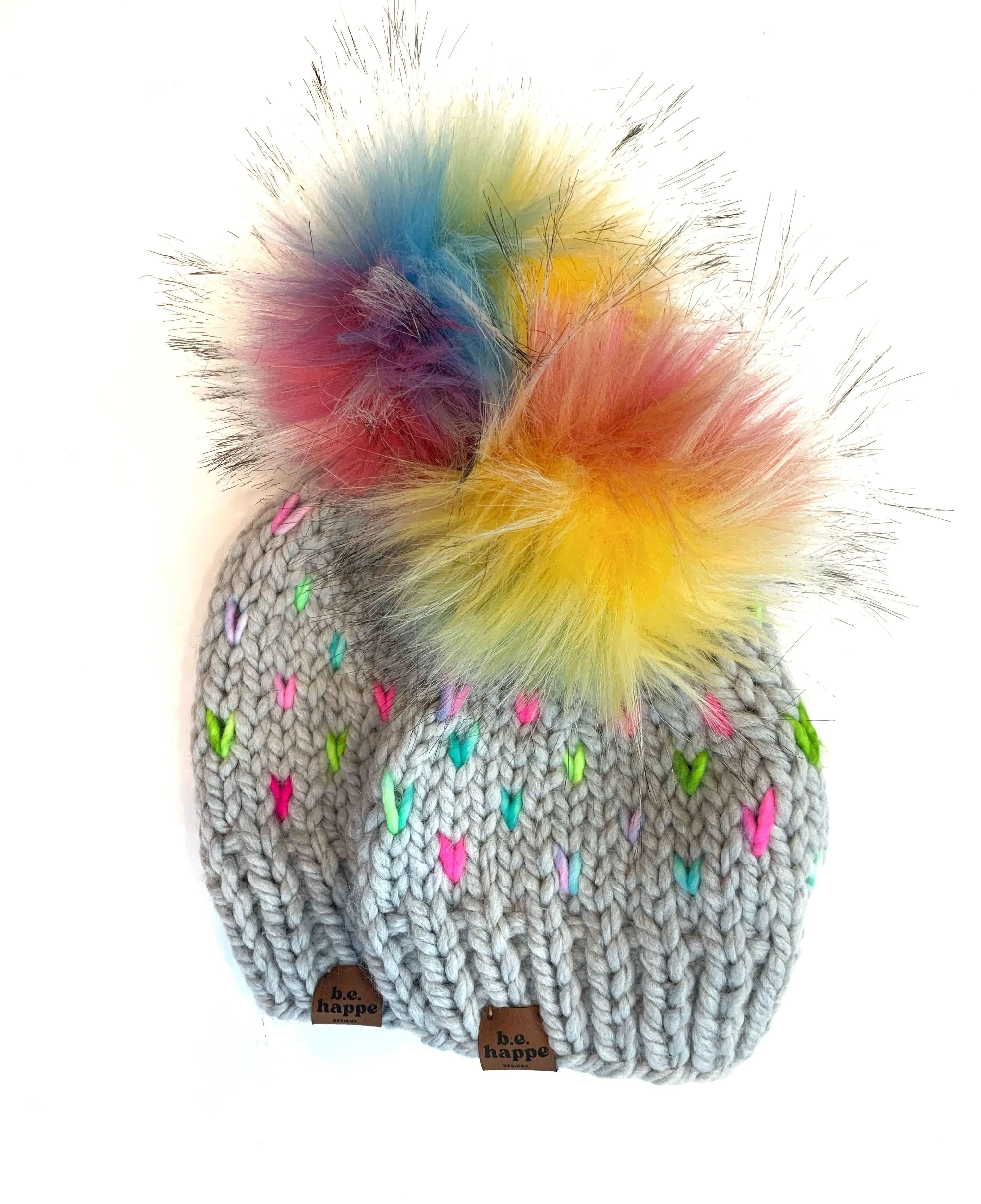 Adult Knit Heart Pom Hat | Thaw Gray Rainbow