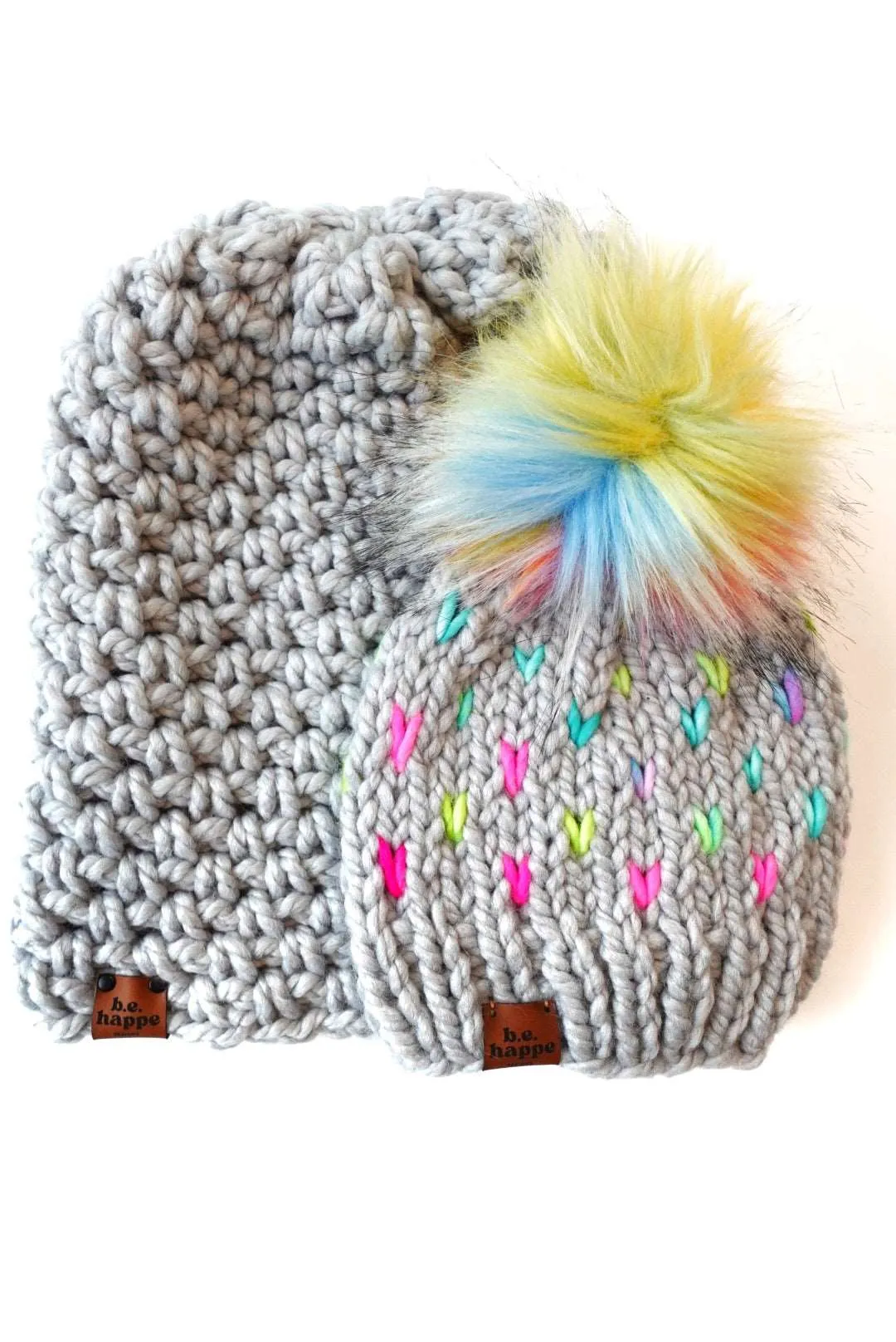 Adult Knit Heart Pom Hat | Thaw Gray Rainbow