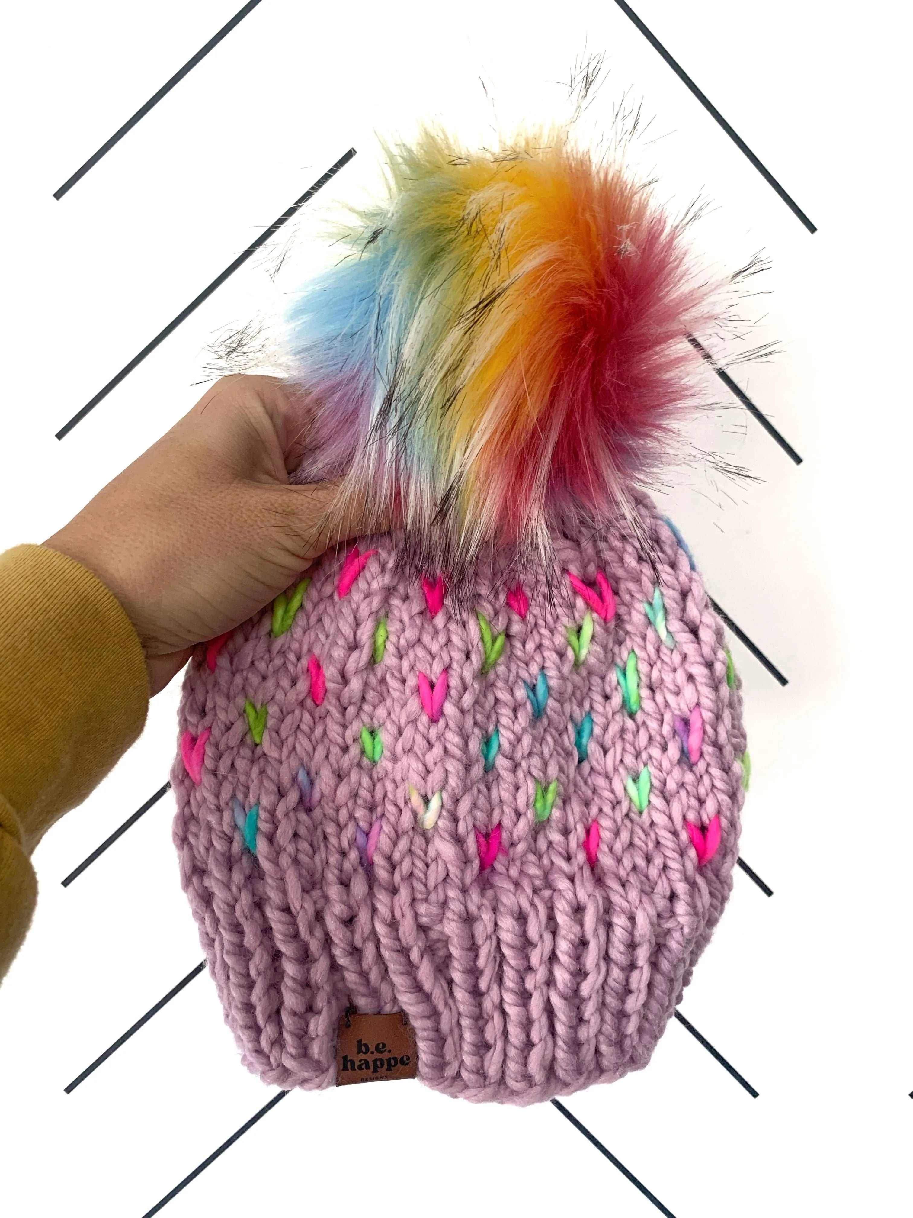 Adult Knit Hearts Pom Hat | Purple Rainbow