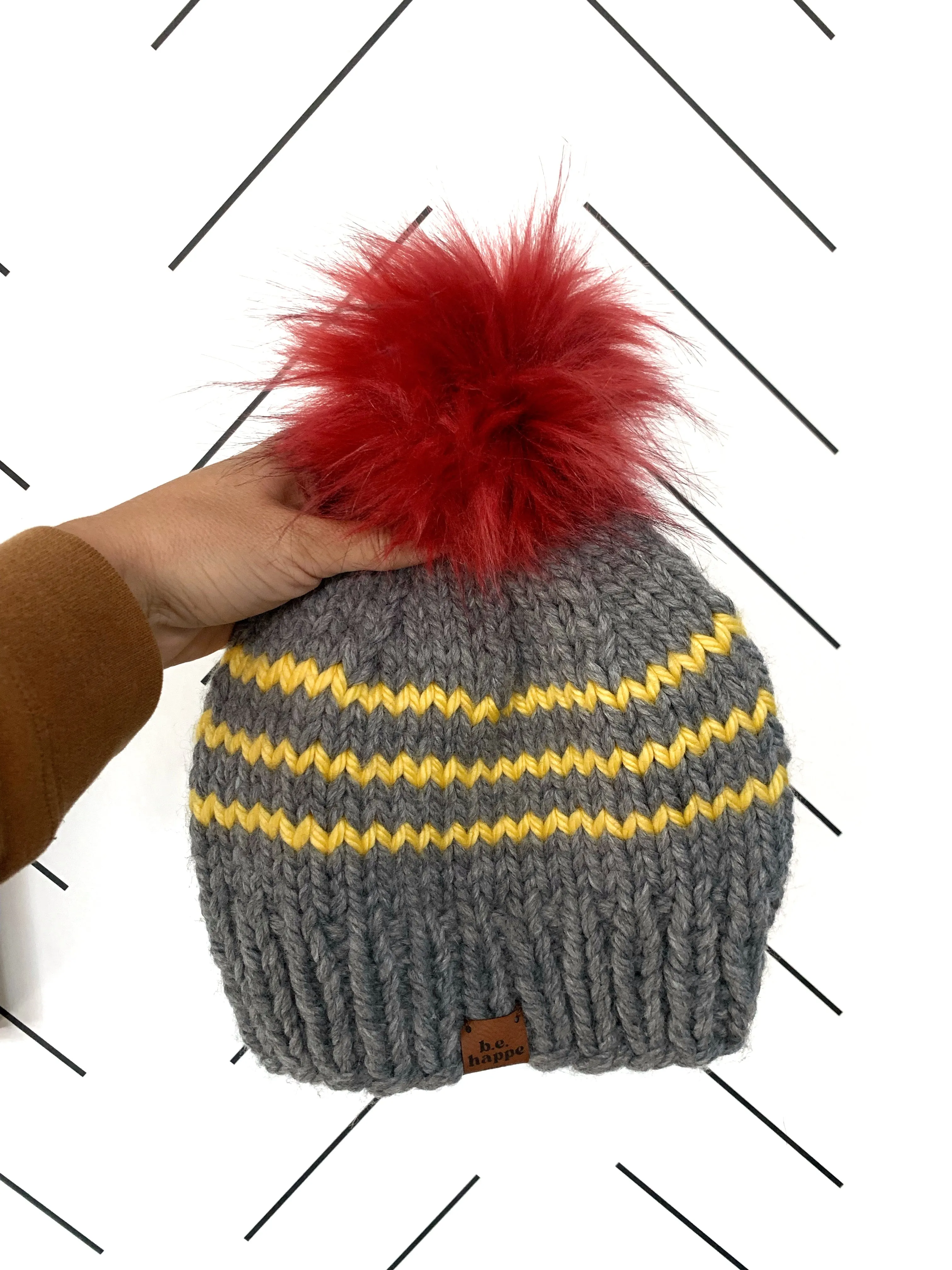 Adult Stripe Pom Hat | Grey   Yellow