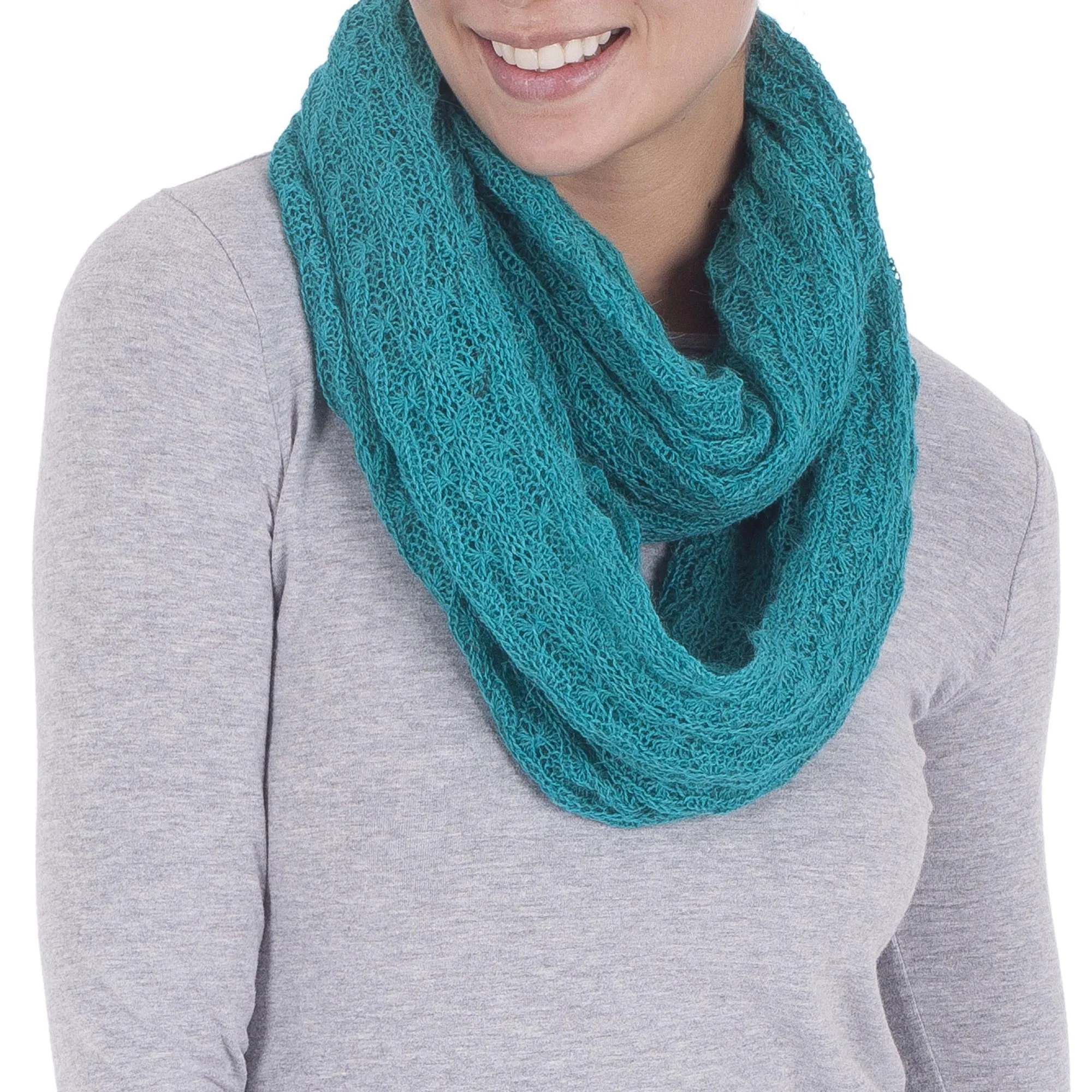 Alpaca Blend Knit Infinity Scarf in Teal from Peru - Fashionable Andes in Teal | NOVICA