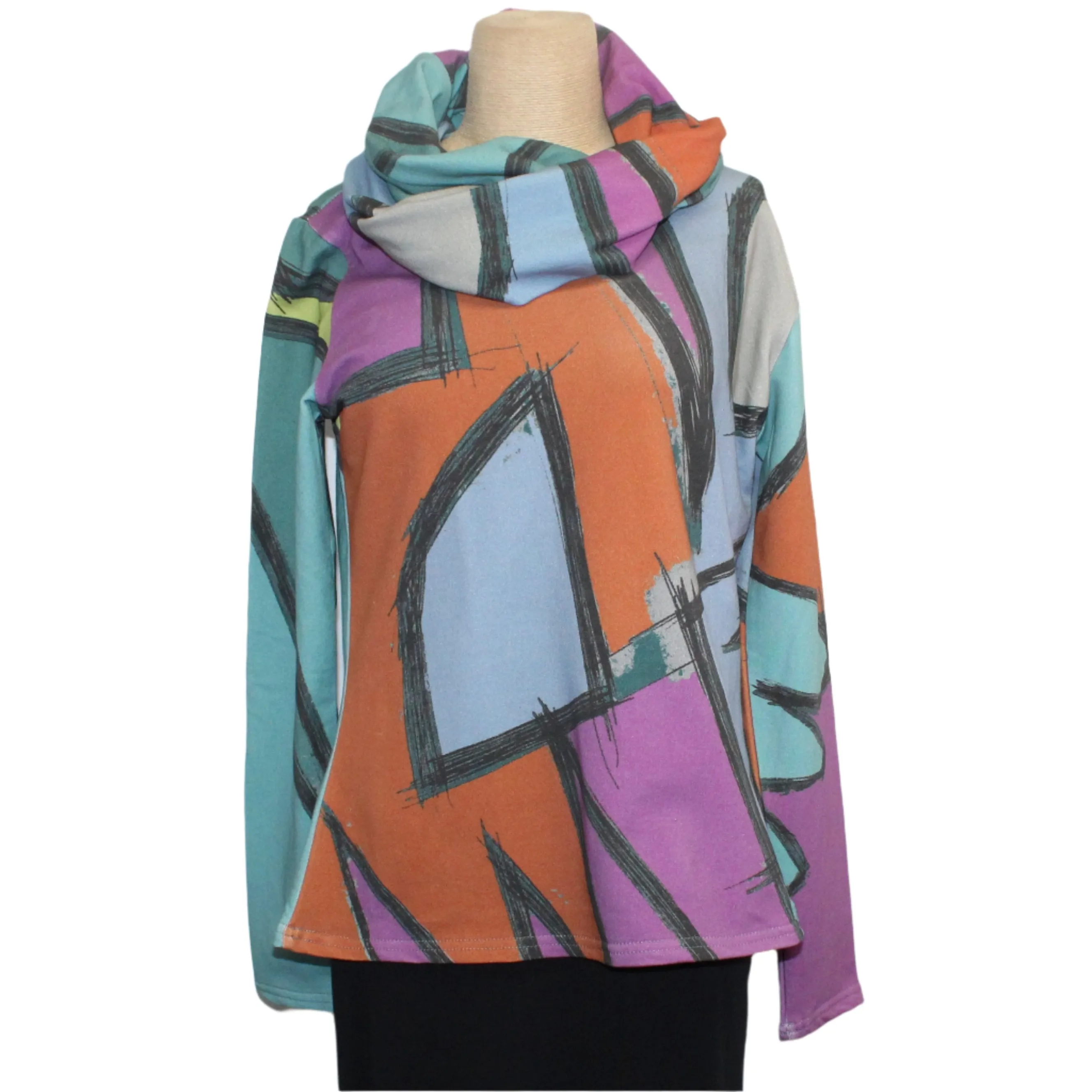 Andrea Geer Fitted Top With Scarf, Orange/Magenta/Teal/Grey S, M & L