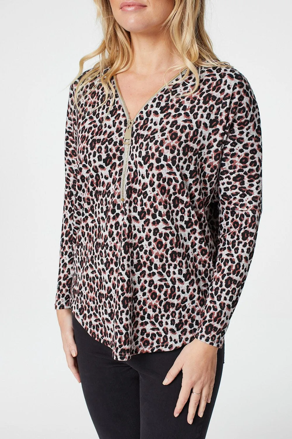 Animal Print Zip Front Long Sleeve Top