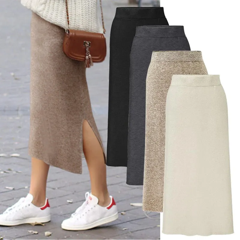 Autumn and Winter Fashion Knitted Side-slit Straight Skirts