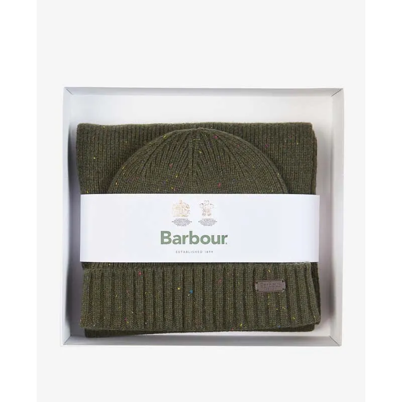 Barbour Carlton Fleck Beanie & Scarf Gift Set - Olive