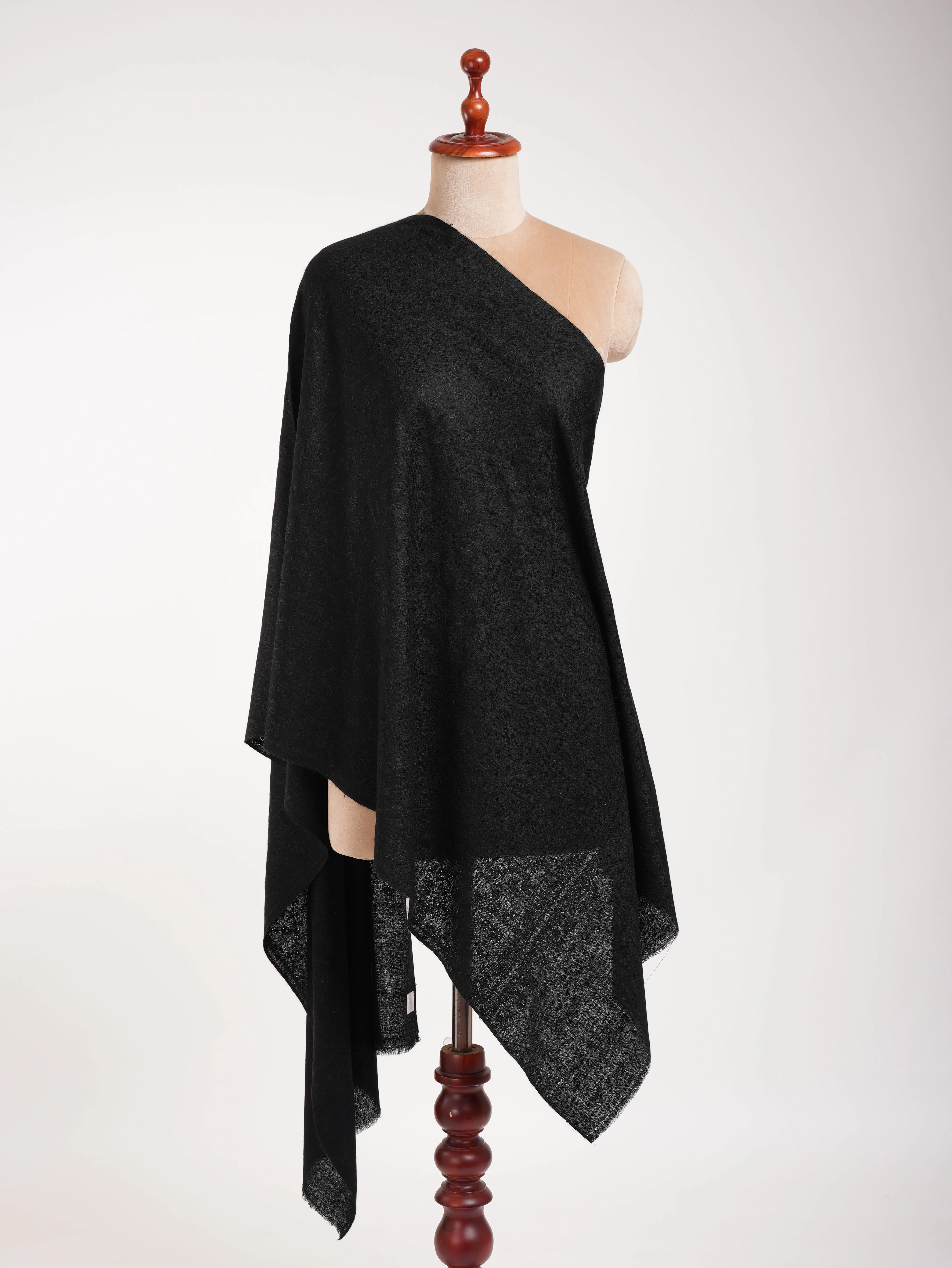 Black Cashmere Pashmina Scarf with Black Embroidery