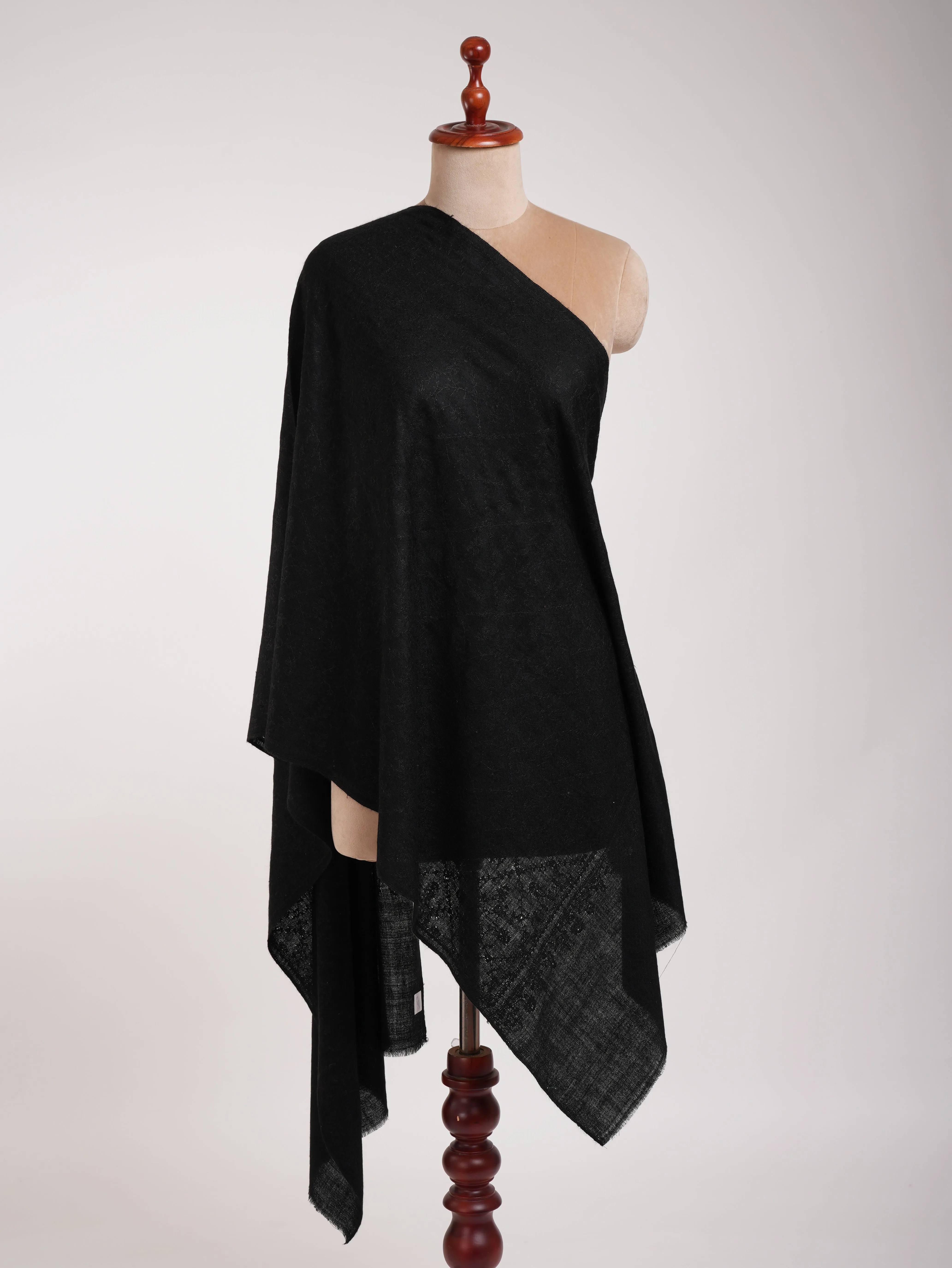 Black Cashmere Pashmina Scarf with Black Embroidery