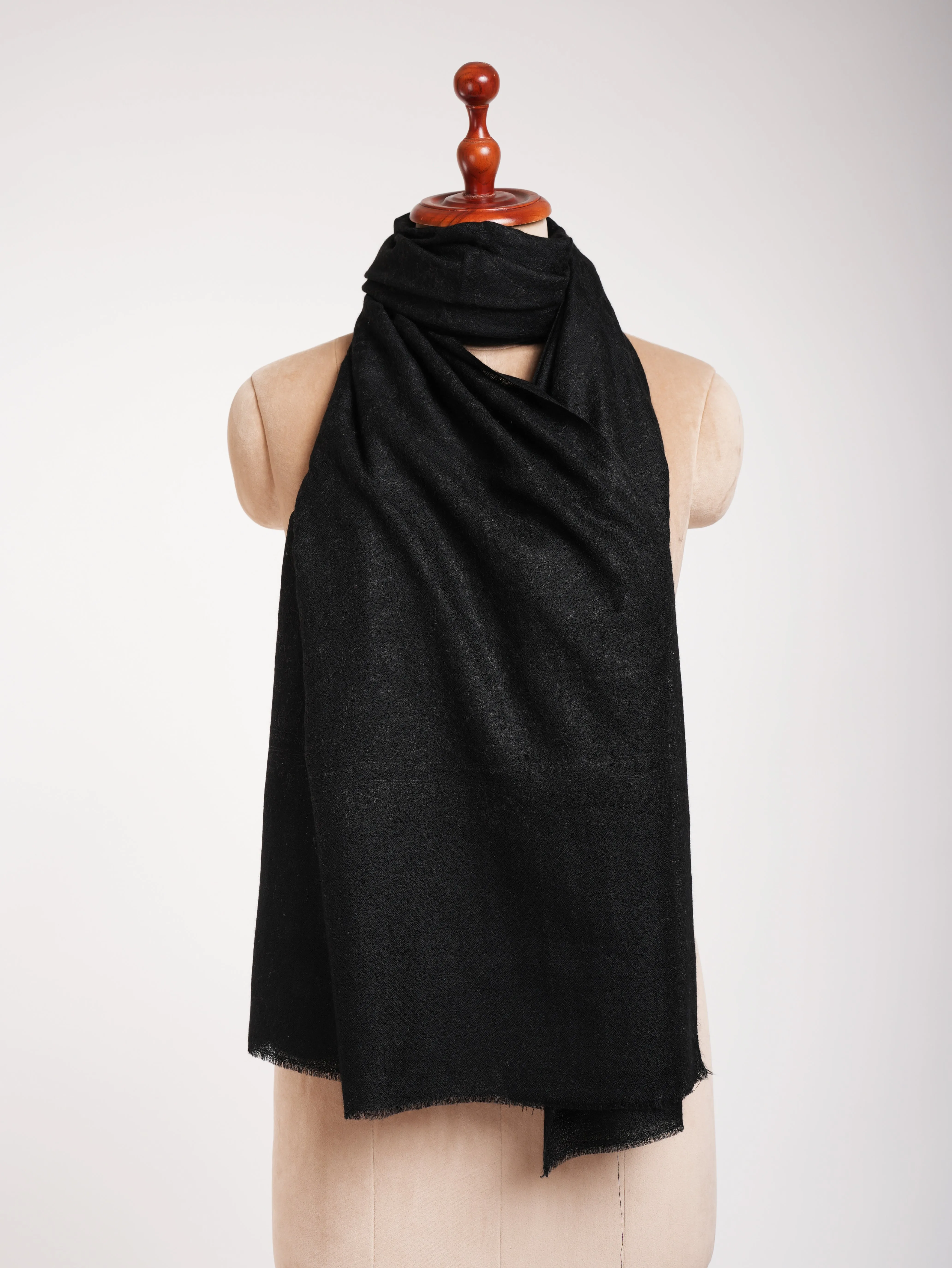 Black Cashmere Pashmina Scarf with Black Embroidery