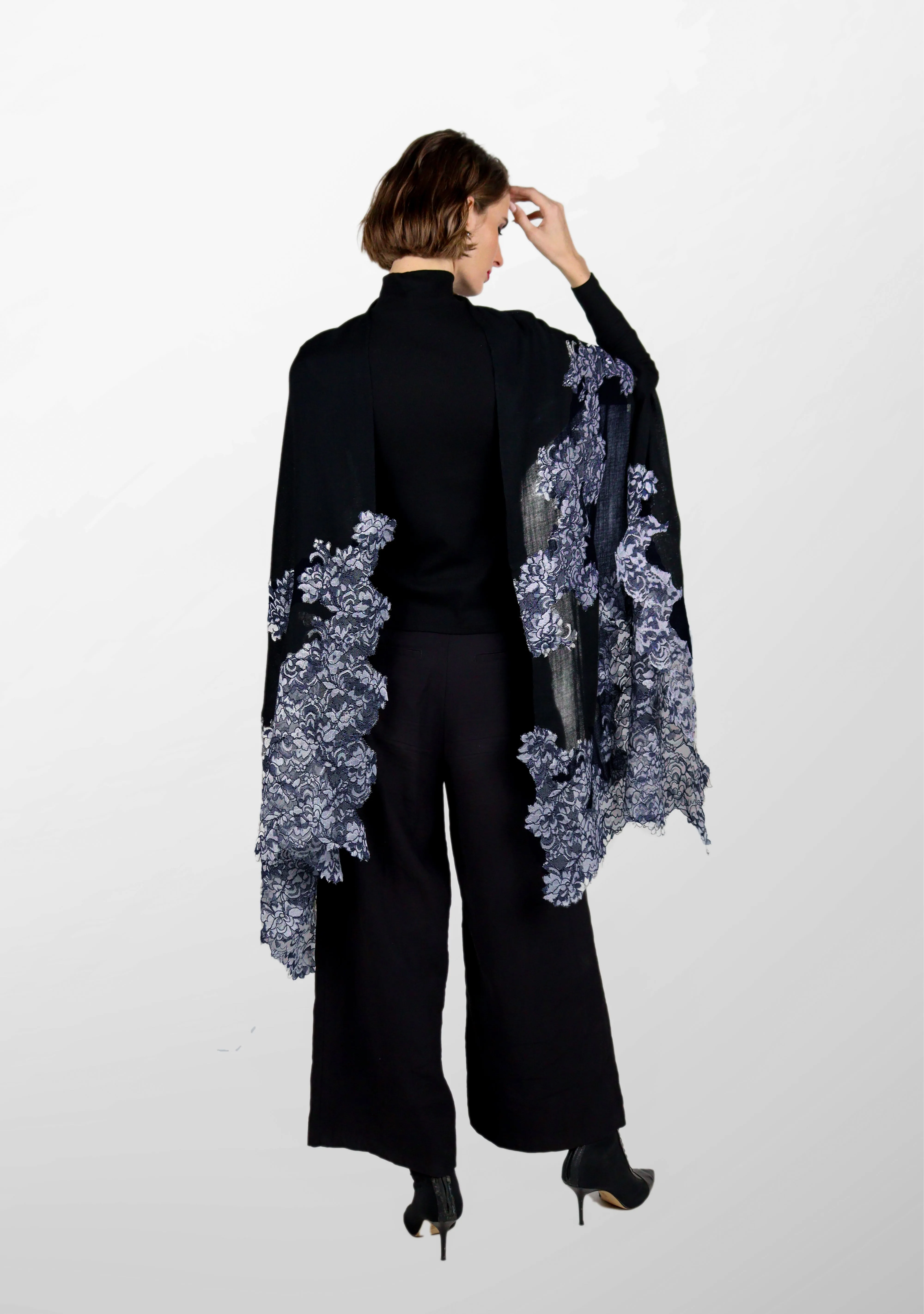 Black Cashmere Scarf with Silver - Black Corded Lace