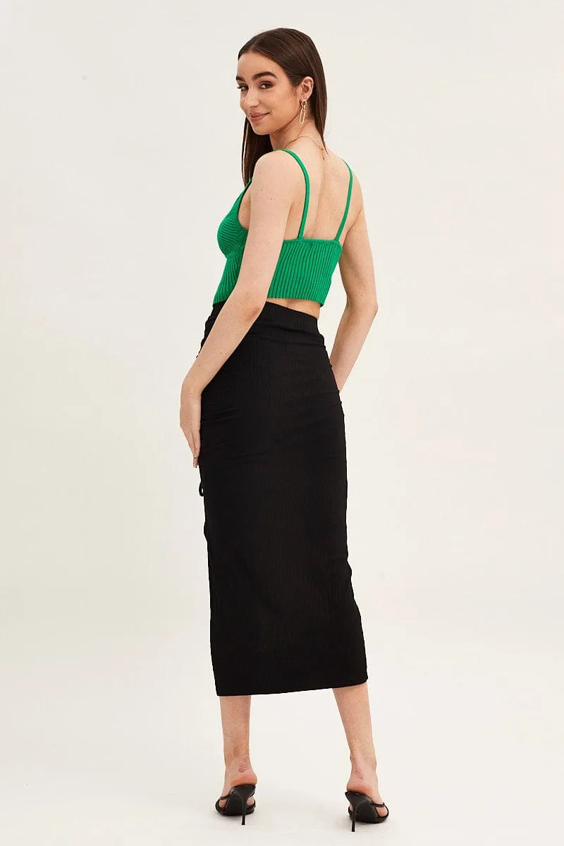 Black Front Split Pencil Skirt Midi Ribbed