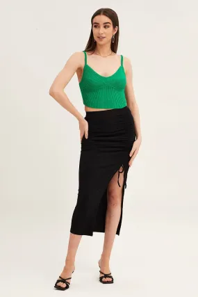 Black Front Split Pencil Skirt Midi Ribbed