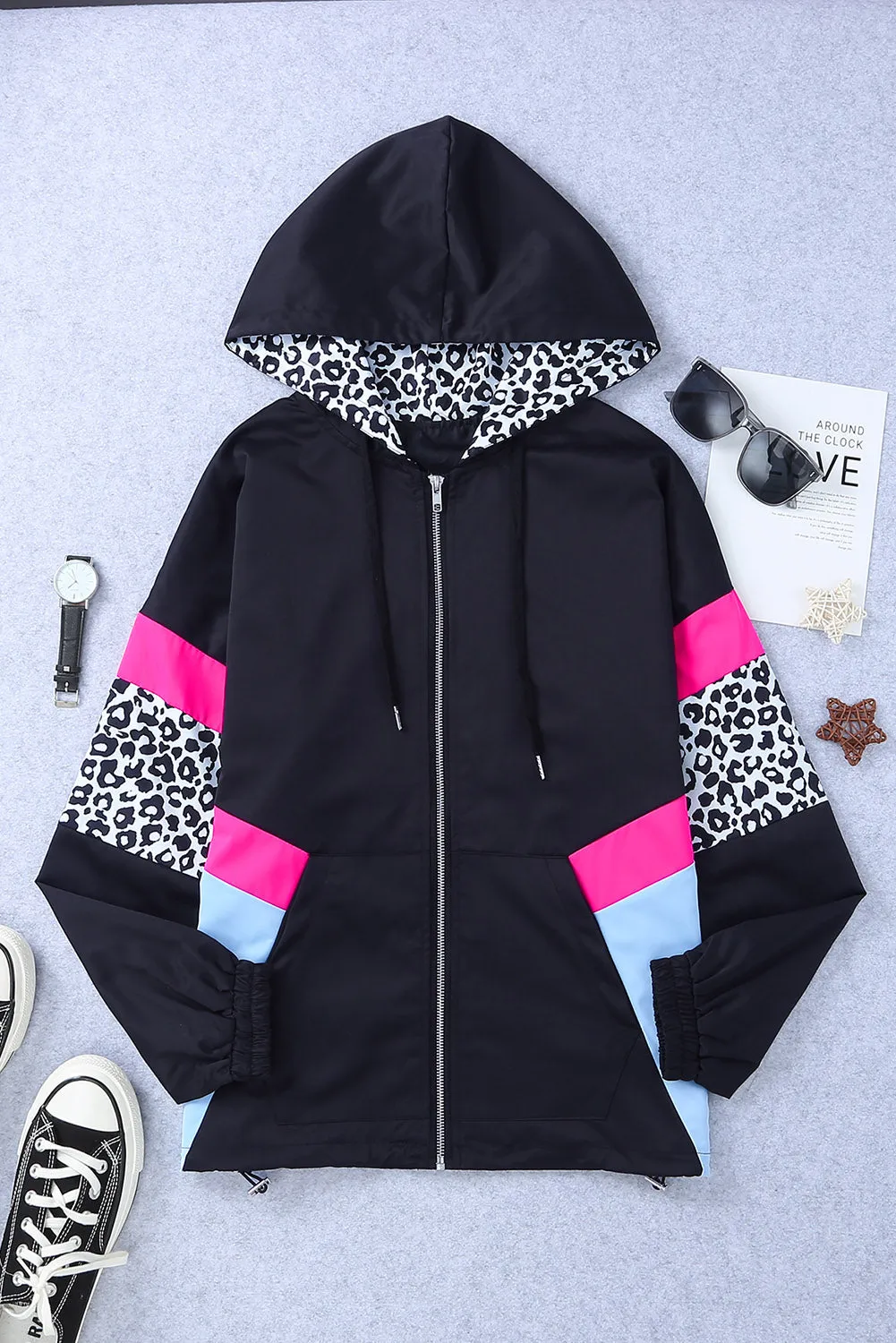 Black Leopard Color Block Pockets Zip-Up Hooded Jacket