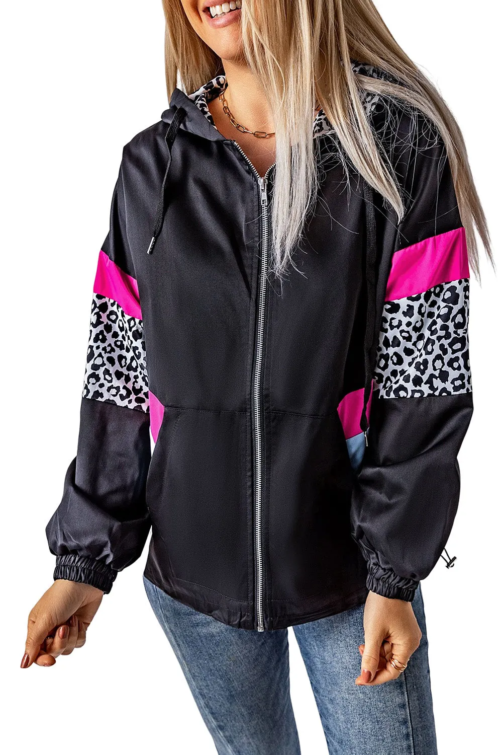 Black Leopard Color Block Pockets Zip-Up Hooded Jacket