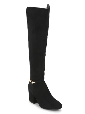 Black Micro Ankle Belt Block Heel Long Boots