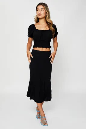 Black Midi Skirt High Rise Linen Blend