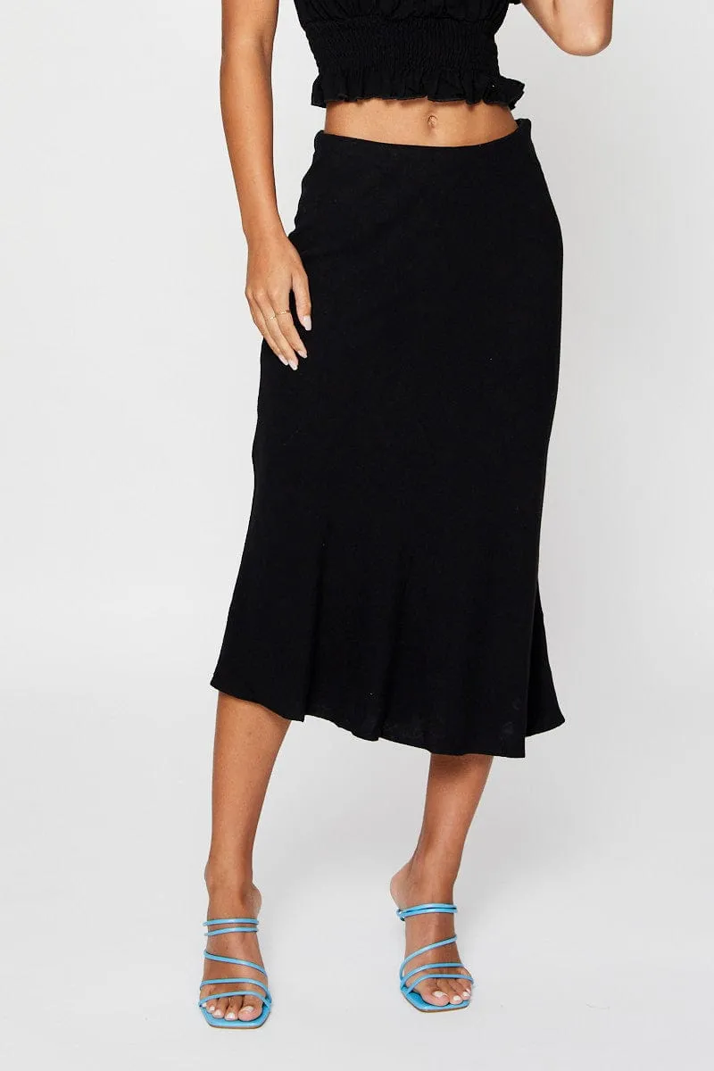 Black Midi Skirt High Rise Linen Blend