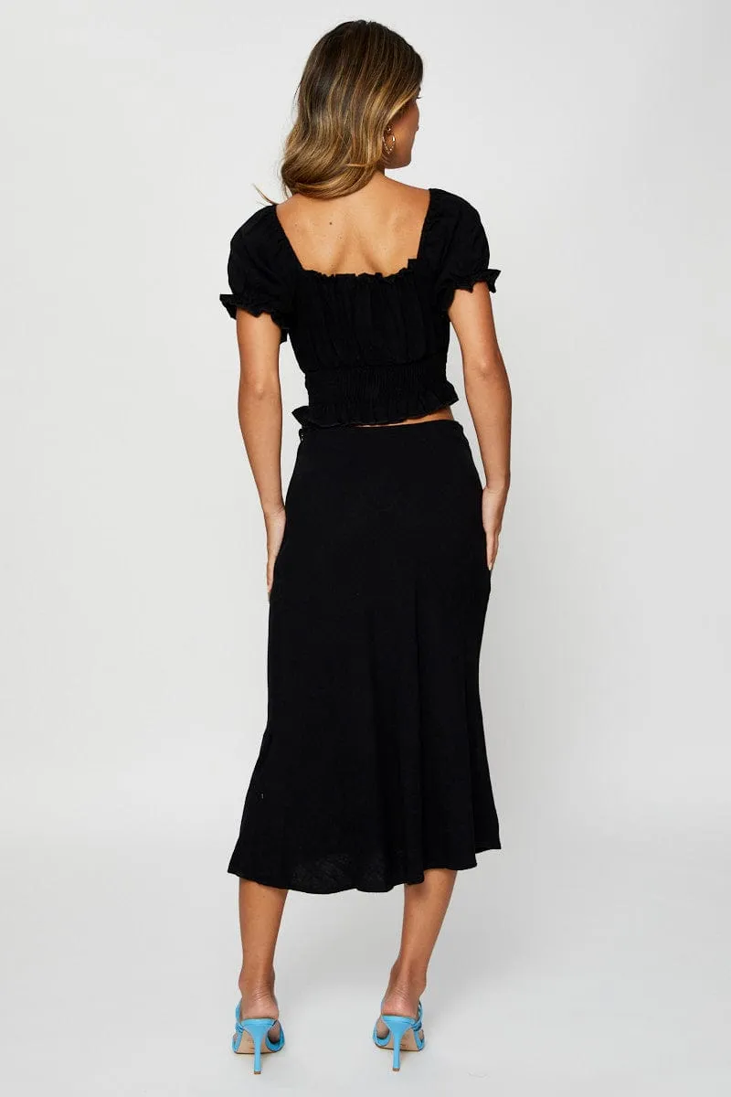 Black Midi Skirt High Rise Linen Blend