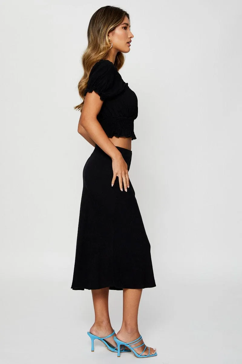 Black Midi Skirt High Rise Linen Blend