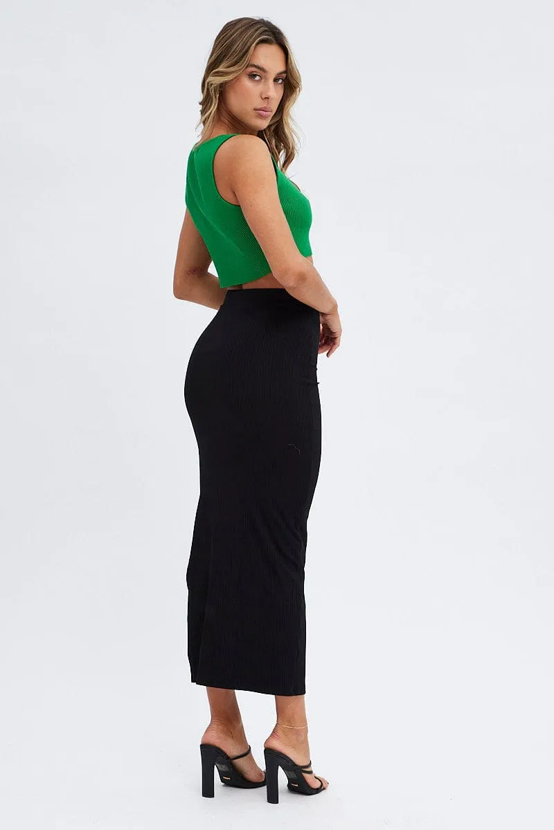 Black Midi Skirt High Rise Pencil Rib Jersey