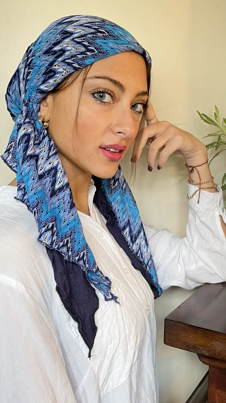 Blue Head Scarf With Lining. Lace Lightweight Hair Covering For Women. Made in USA