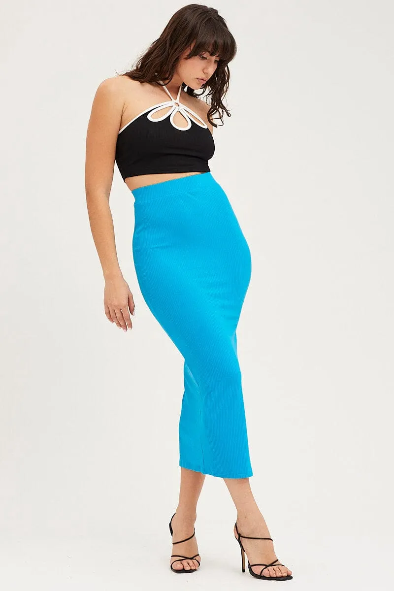 Blue Midi Skirt High Rise Ribbed Jersey