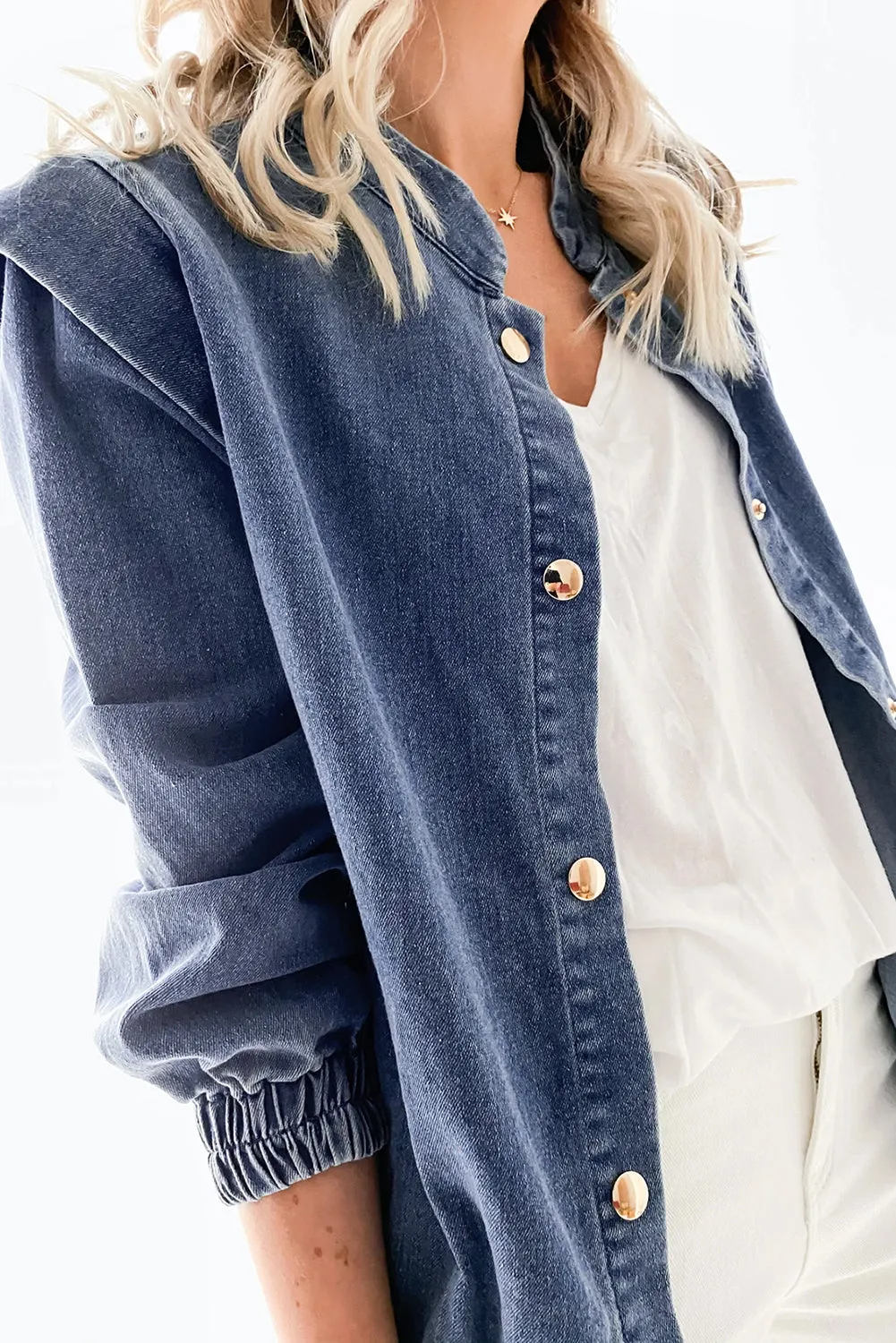 Blue Solid Color Elastic Cuffs Buttoned Denim Jacket