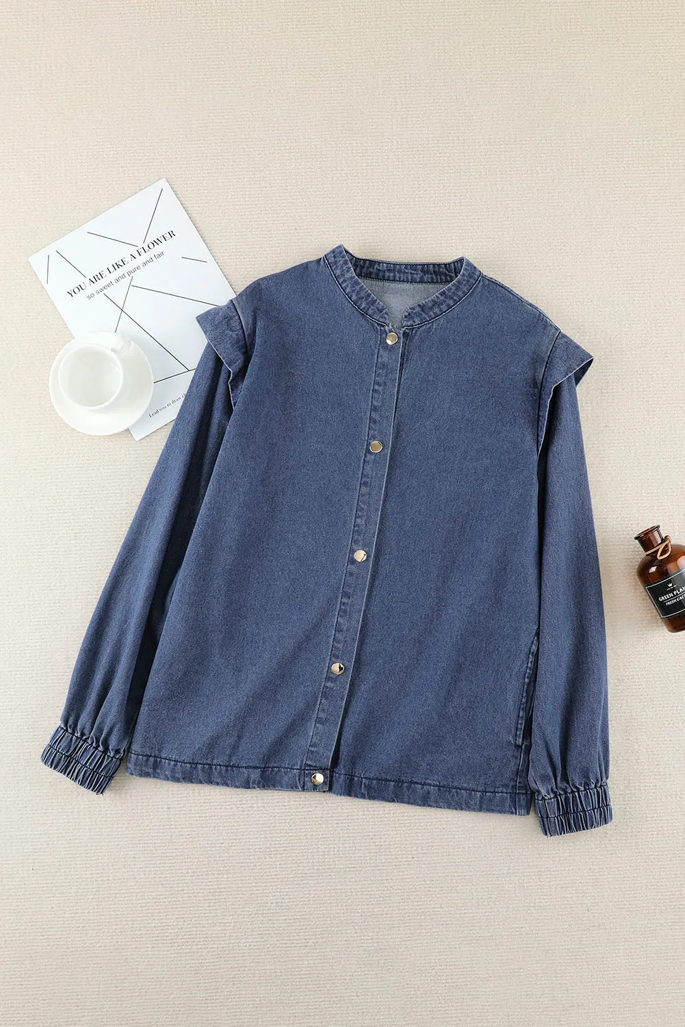 Blue Solid Color Elastic Cuffs Buttoned Denim Jacket