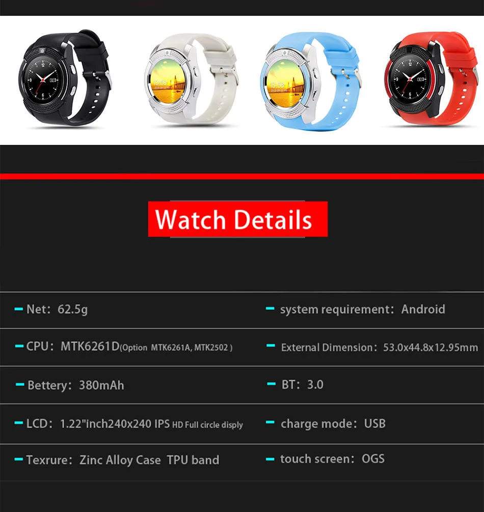 bluetooth smart watch for android phone support SIM/TF men women