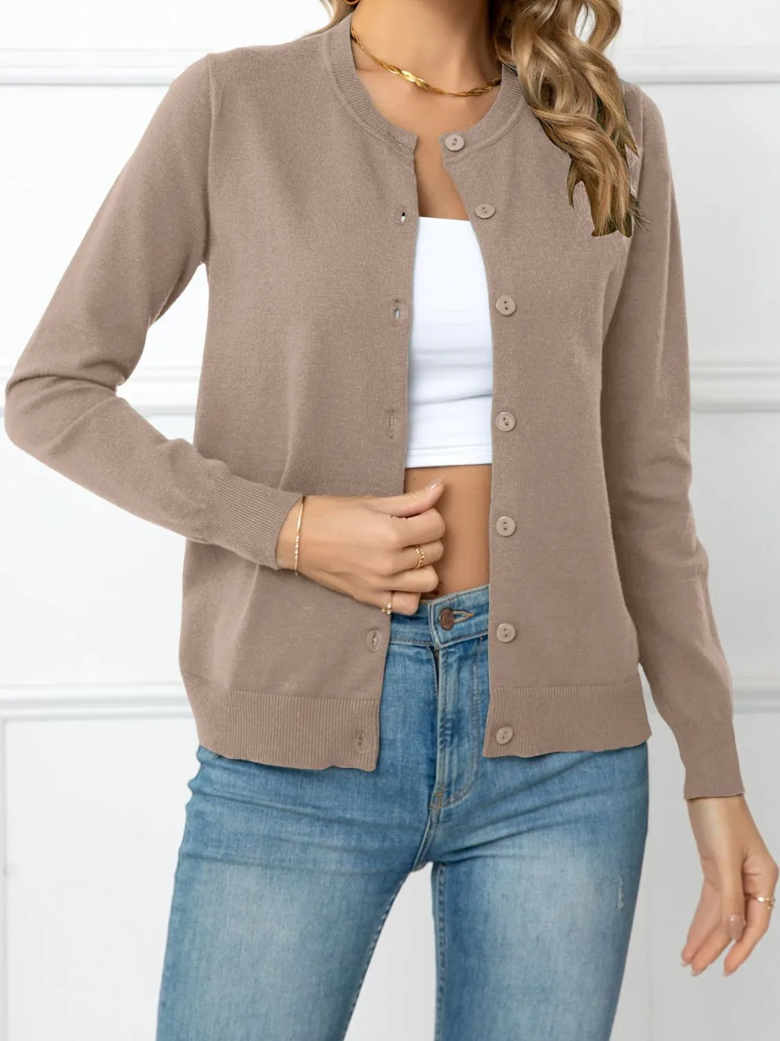 Button Down Round Neck Cardigan