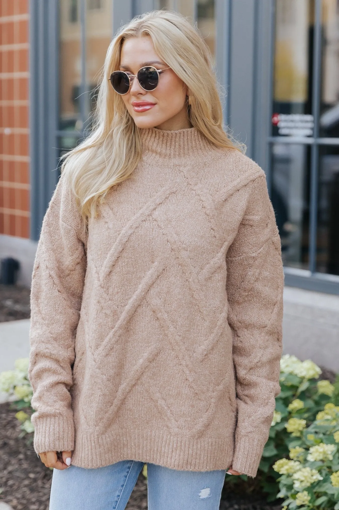 Camel Textured Mock Neck Sweater - DOORBUSTER