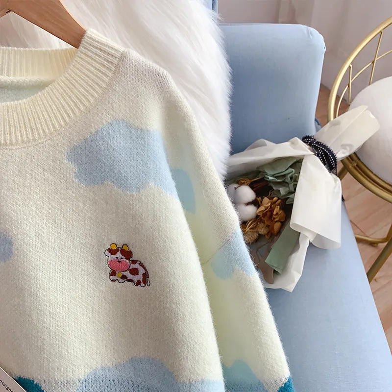 Cartoon cloud Vintage sweater women's sweater top  5019