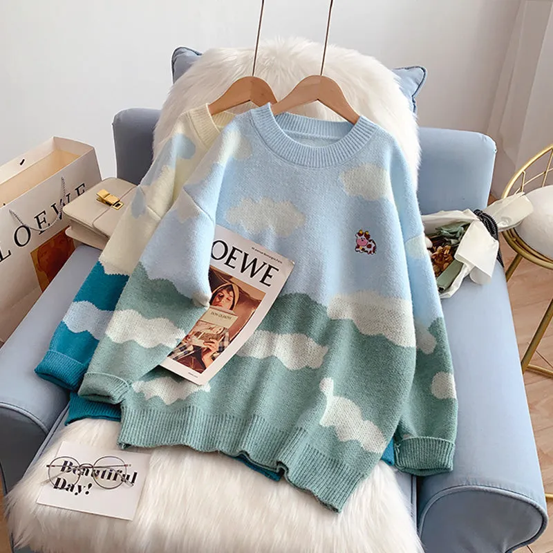 Cartoon cloud Vintage sweater women's sweater top  5019