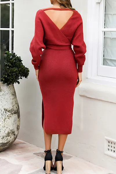 Casual Elegant Solid Backless Slit Strap Design V Neck Pencil Skirt Dresses