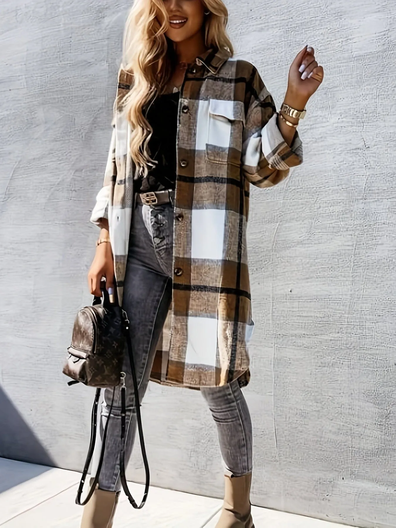 Casual Loose Fit Checkered Coat