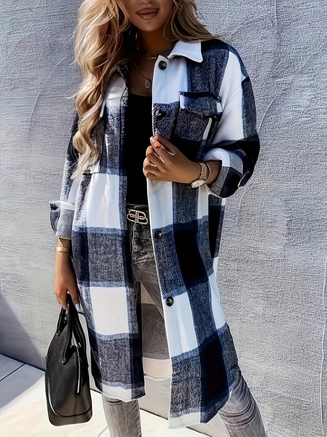 Casual Loose Fit Checkered Coat